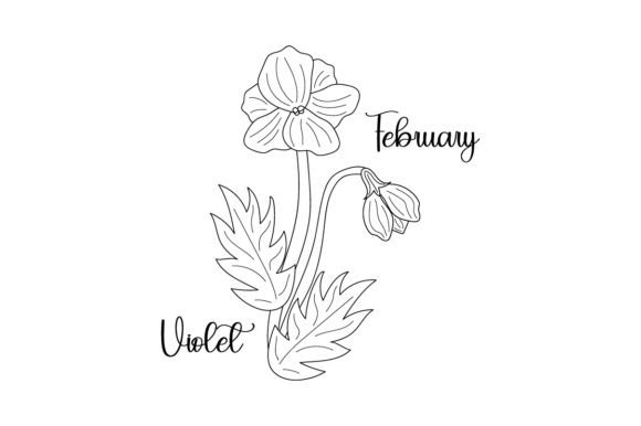Birth Month Flowers February Violet Line Art Embroidery